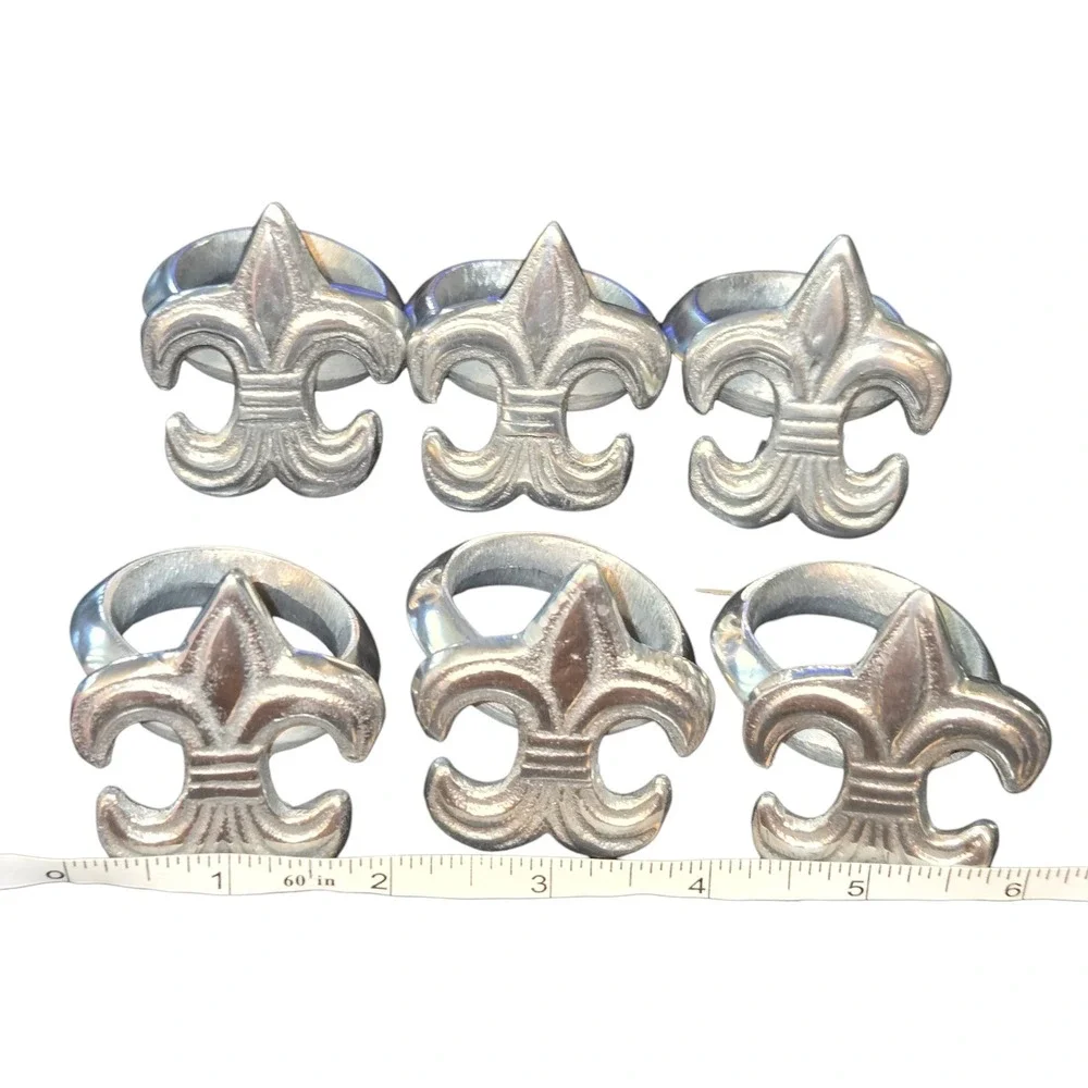 IHI Fleur De Lis Napkin Rings Silver Tone Pewter Set of 6 French Country 2.25